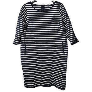 Lands End Womens Navy Striped 3/4 Sleeve Dress Plus Size 20W Nautical Pockets